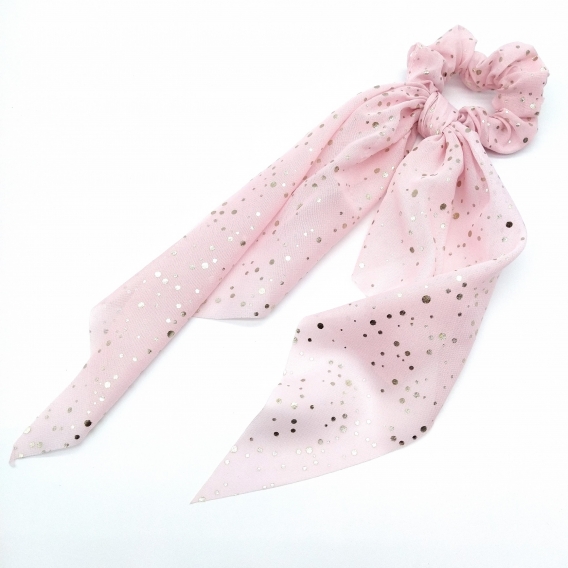 Pañuelo para pelo para mujer de color rosa con lunares dorados, accesorio de pelo.
