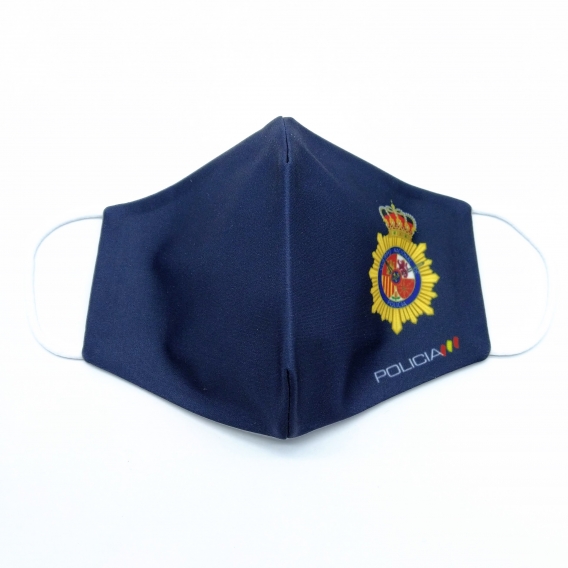 Mascarilla azul para adulto con el emblema de policía, facial de tela lavable.