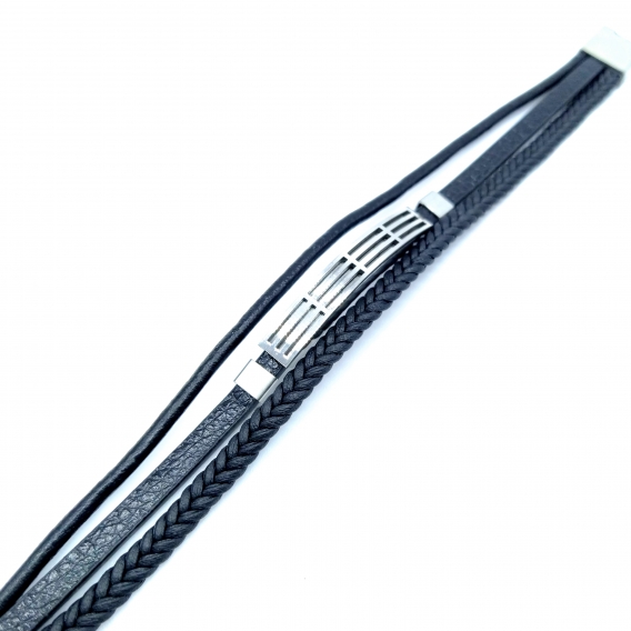 Brazalete plateado de cuero negro para hombre