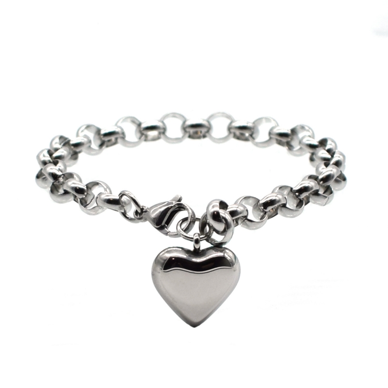 Pulsera corazón acero inoxidable color plata, cadena para mujer