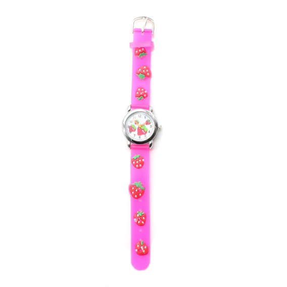 Reloj analógico infantil, color rosa con dibujos de fresas. Regalo para niña